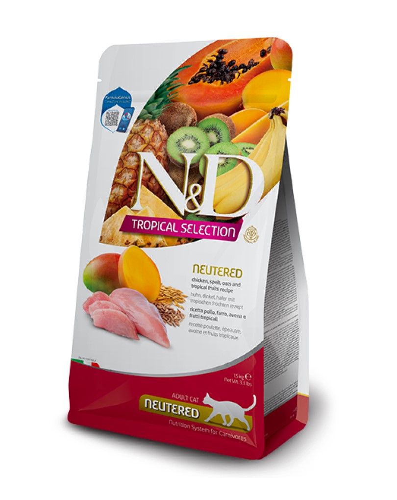 N&D Tropical Neutered Chicken, Spelt, Oats & Tropical Fruits Feline 5Kg
