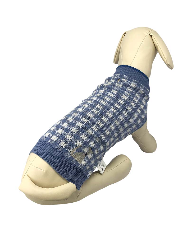 The Embroidered L&F Dog Logo Gingham  Blue Cable Knit Jumper