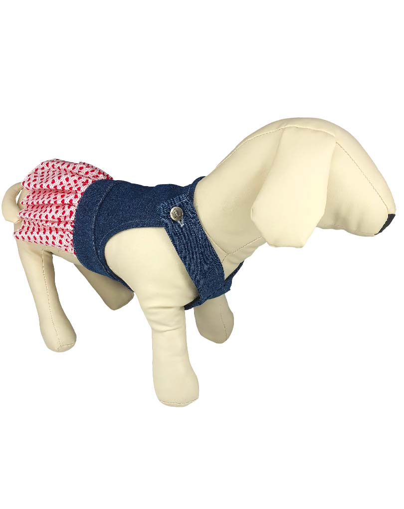 "The Valentine Red Hearts Print" Blue Denim Pleated Salopette Dress