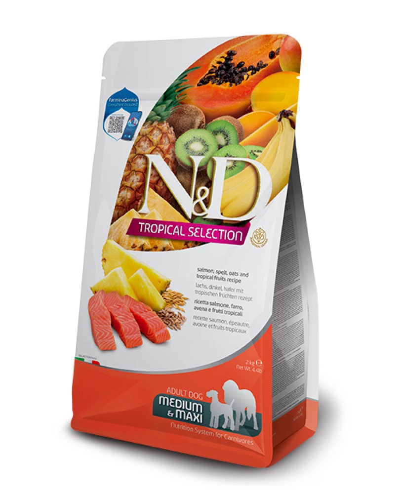 N&D Tropical Salmon, Spelt, Oats & Tropical Fruits Adult Medium & Maxi 10Kg
