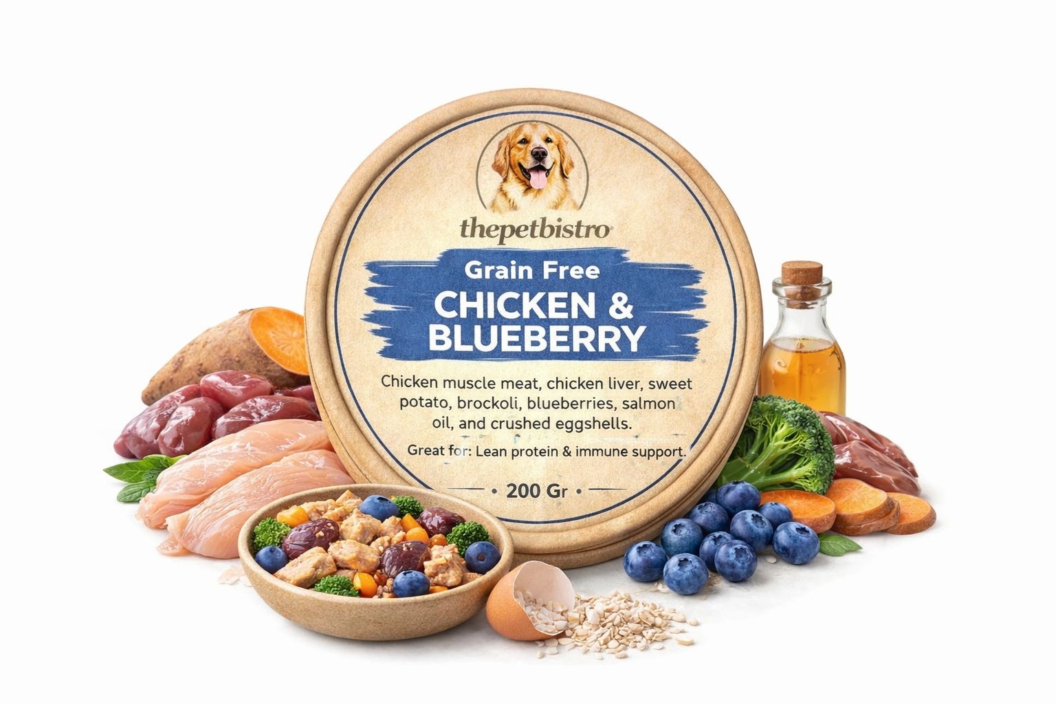 The Pet BIstro Grain  Free Chicken & Blueberry Dog Meal  200g-400g